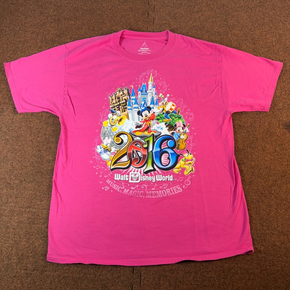 Disney World 2016 Music Magic Memories T-Shirt Womens Large Pink Mickey Hanes L